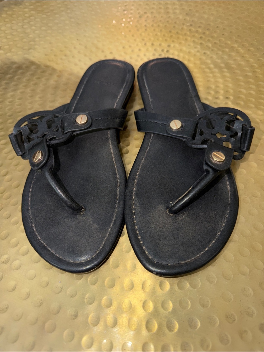Tory Burch Black Leather Logo Thong Sandals